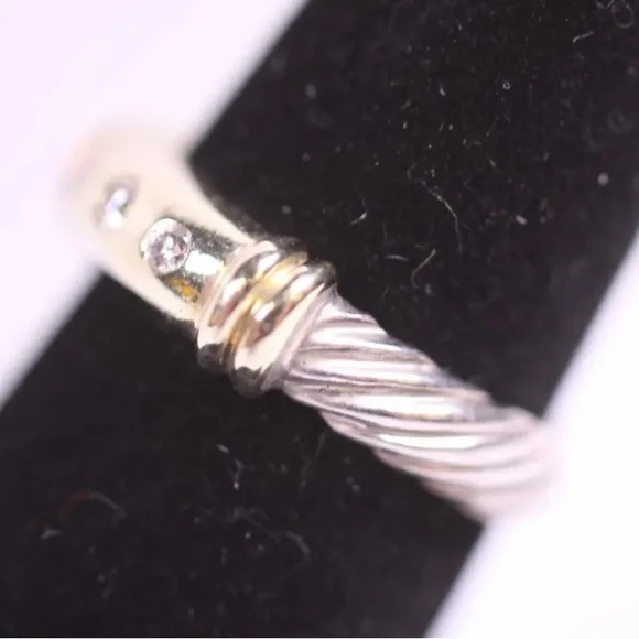 David Yurman Metro Two-Tone Diamond Ring 14K Gold 925 Sterling Cable Band (R719) - Picture 4 of 7